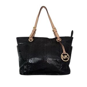 Michael Kors Black Snakeskin Tote with Tan Straps